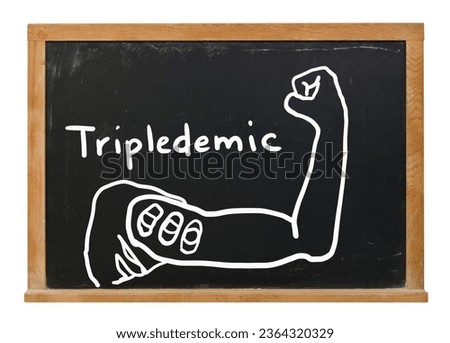 Tripledemic with a sketch of an arm with three bandages written in white chalk on a black chalkboard isolated on white Royalty-Free Stock Photo #2364320329