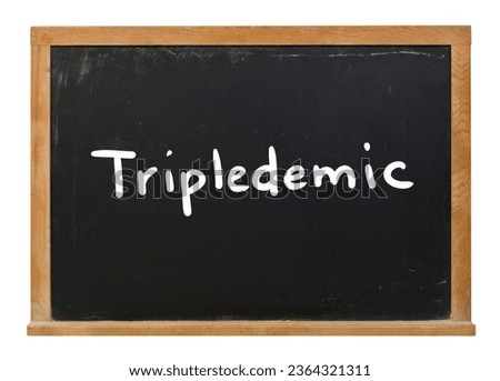 Tripledemic written in white chalk on a black chalkboard isolated on white Royalty-Free Stock Photo #2364321311