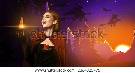 Portrait of young witch with potion at night