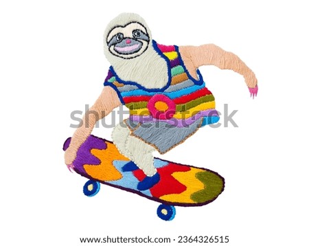 happy funny sloth skate skateboard cartoon character animal art design illustration embroidery needlework hand craft sewing handmade woman hobby handicraft collage pattern canvas textile background