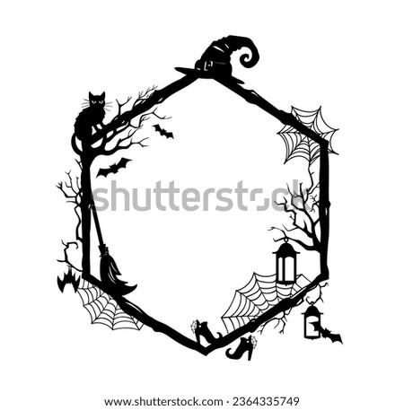 Halloween holiday black frame with silhouettes of cobwebs, witch hat and boot, broomstick, black cat, lantern and flying bats. Isolated vector decorative hexagonal border or vignette with spooky decor Royalty-Free Stock Photo #2364335749