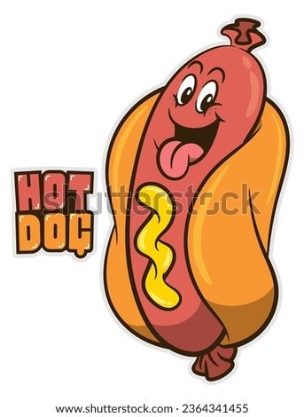 Funny Hot dog cartoon mascot character with lettering text. Best for sticker, logo, and mascot with street food and fast food restaurant themes