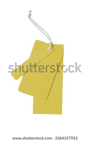 Various shape of blank yellow paper label or cloth tag set isolated on white background. Price tag mockup template with copy space for brand, information. Shopping, sale concept, black friday sale.