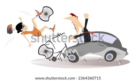 Traffic accident. Bike accident - collisions with car. Automobile knocking down young woman riding on bike. Road collision with cyclist involved