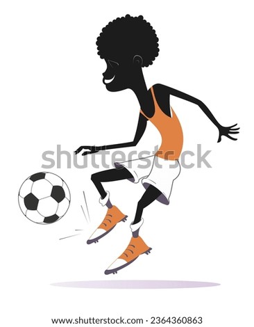 Smiling young African man playing football. 
Cartoon African football player kicks a ball. Isolated on white illustration
