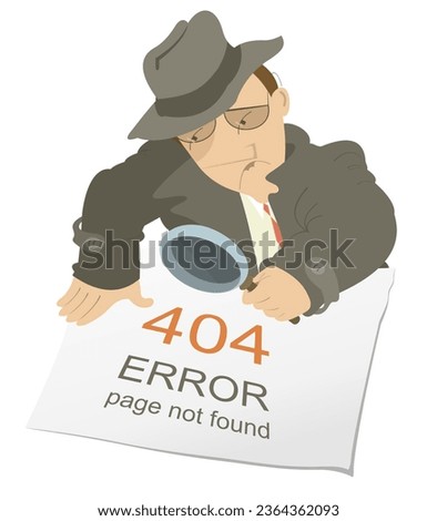 Error 404 page not found concept illustration. Webpage banner. 
A detective man holding a loupe trying to find a lost page. Template for web site
