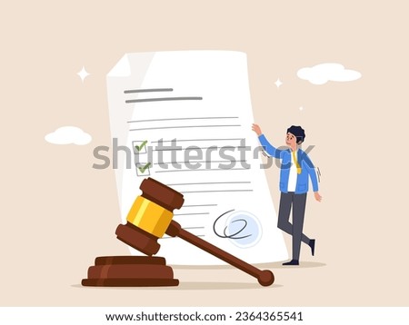 Legal document concept. Attorney or court professional office, law and judgment approval paper, mature lawyer holding legal document with a gavel hammer symbol of court or judgement. Royalty-Free Stock Photo #2364365541