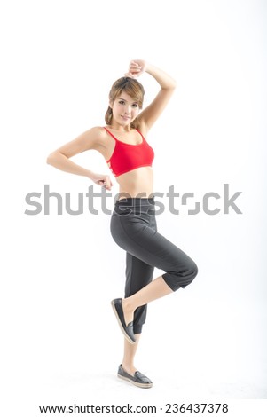 sport fitness woman, young healthy girl doing exercises, portrait white background 