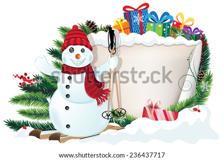 Snowman, Christmas presents and Christmas wreath with old parchment and red berries