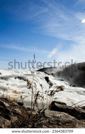 Big Beautiful waterfall on iceland flowing freely through nature in green lush landscape and full sun