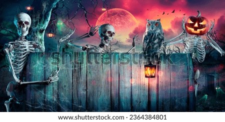 Halloween Party - Skeletons And Owl On Wooden Banner In Spooky Night At Moonlight - Contain Moon 3D Rendering