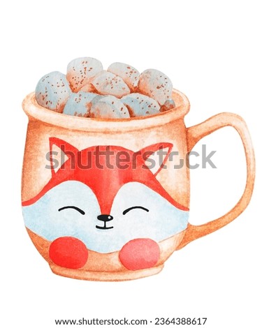 Orange cup with a fox. Hot drink with marshmallows. Autumn decor, autumn mood, cozy home. Watercolor element for the design of cards, invitations, posters, stationery. Harvest Festival, Thanksgiving.
