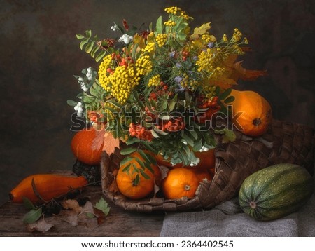 Still life with autumn bouquet and cabbages