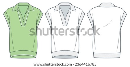 Polo Vest Sweater technical fashion illustration. Sleeveless Sweater fashion flat technical drawing template, v neck, collar, front and back view, white, green, women, men, unisex CAD mockup set. Royalty-Free Stock Photo #2364416785