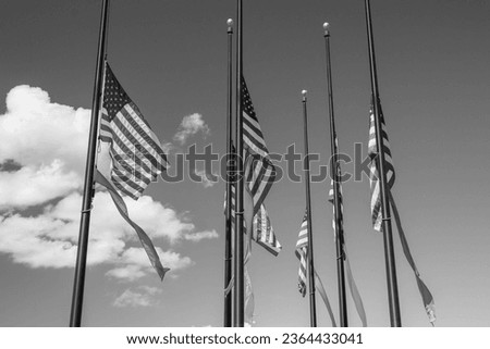A high-resolution black and white image of four American flags fluttering in the wind against a cloudy sky in Yosemite National Park