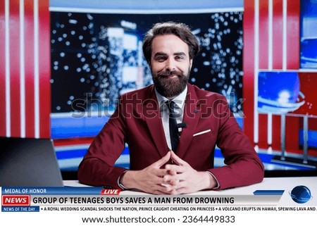 Newscaster reporting live story about teenagers saving person from drowning, news anchor presenting information about heartfelt gesture on night talk show. Resorting to viewers empathy. Royalty-Free Stock Photo #2364449833