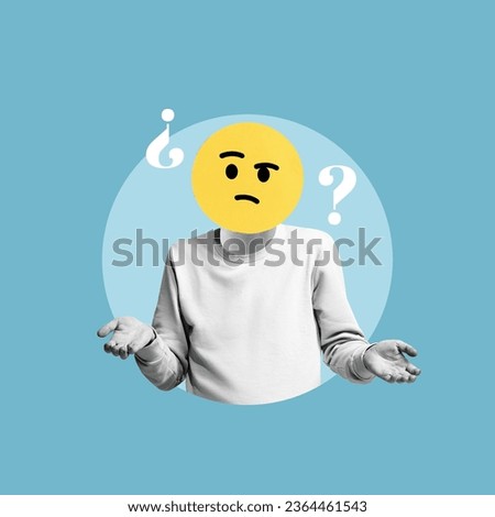 man with doubt, man with question marks, doubt emoticon, doubtful, man with doubt hands, question marks, question, questionnaire, survey, interview, concept, collage art, photo collage Royalty-Free Stock Photo #2364461543