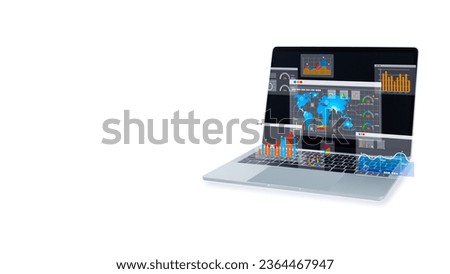 Laptop computer on white background and dashboard for business analysis. Data and management system with KPIs and indicators connected to databases for finance, technology, operations, marketing
