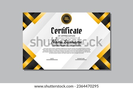 A certificate template featuring an elegant gold and black design. Suitable for creating professional certificates for awards, achievements, and recognition in various industries. Royalty-Free Stock Photo #2364470295