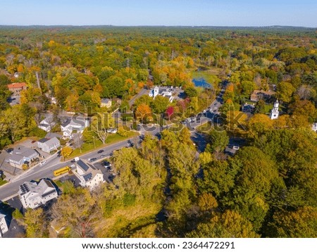 Wayland historic town center aerial view in fall with fall foliage at Boston Post Road and MA Route 27, including First Parish Church and Town Hall, Wayland, Massachusetts MA, USA. 