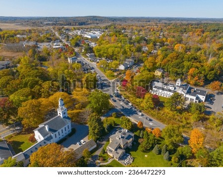 Wayland historic town center aerial view in fall with fall foliage at Boston Post Road and MA Route 27, including First Parish Church and Town Hall, Wayland, Massachusetts MA, USA.  Royalty-Free Stock Photo #2364472293
