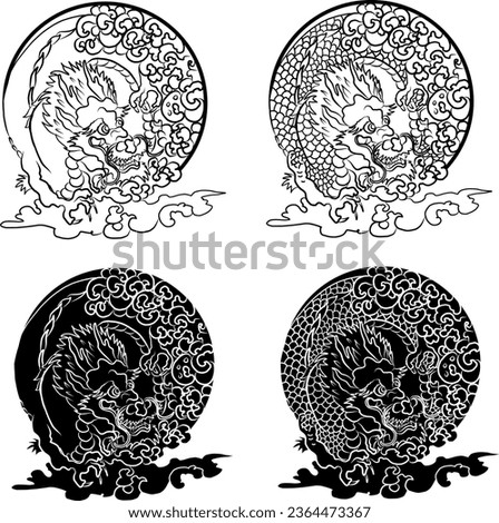 Dragon and Japanese wave vector illustration for T-shirt.Traditional Chinese wave in circle.Beautiful line art of nature for printing on shirt.Asian art for doodle and painting on background.