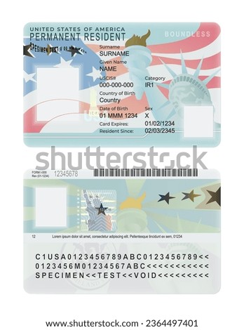 United States of America permanent resident card template isolated on a white background. USA residence permit card Royalty-Free Stock Photo #2364497401