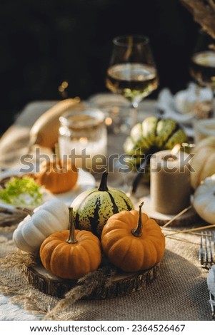 Autumn elegant beautiful table setting with pumpkins for a wedding or thanksgiving celebration. Fall decoration rustic style, cozy home atmosphere , candles, dry flowers