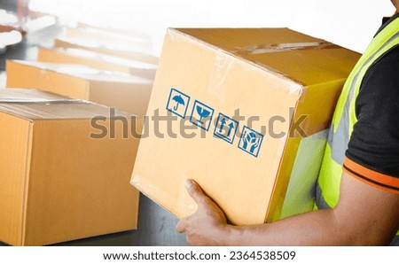 Worker Holding A Parcel Boxes. Package Boxes Sorting on Conveyor Belt. Cartons, Cardboard Boxes. Delivery to Customers. Storehouse. Distribution Warehouse Shipping. Supplies  Shipment. 