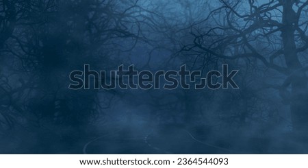 Mysterious dark forest. dark and moody forest road covered in mist. halloween night background. Horror landscape of dark forest with scary tree Royalty-Free Stock Photo #2364544093