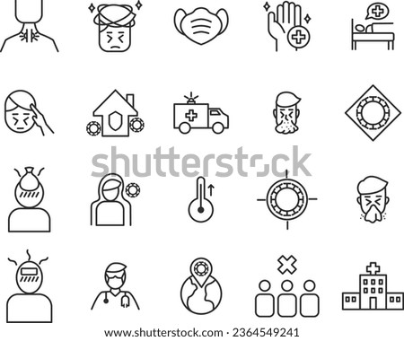 Flu disease prevention, cold symptoms flat line icons set. Fever headache sneeze, sore throat vector illustrations. Outline signs medical healthcare infographic.