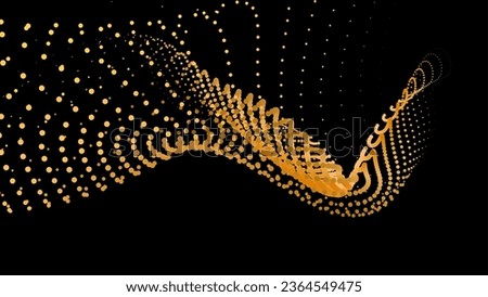 Data vibrate pulse dot particle wave. Abstract bulge hyperbola sinusoid. Infinity transition gradation 3d waveform background. Black gold gig.