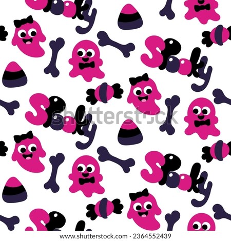 Seamless pattern in pink, gray, black colors for Halloween. Ghost, girl, boy, spooky, bones, candy on a white background vector illustration in cartoon style. Holiday packaging, party