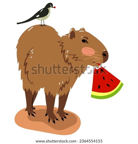 An illustration of a capybara with a bird on its back eating a watermelon captures a touching moment of incredible friendship, cuteness and charm. A mammal shares food with a bird vector illustration