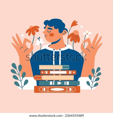 Book Lover. Young man with stack of books in hoodie shows ok gesture with hands. Clip art with cartoon cute boy, student with closed eyes. Love for education, reading literature. Modern illustration.