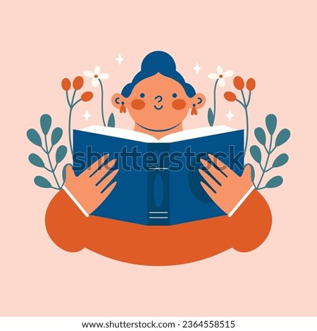 Young woman holding open book. Girl reading book. Love for education, reading literature. Book Lover concept. Cute vector clip art with plants, flowers, berries. Modern simple illustration for banner.