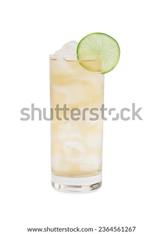 Glass of tasty ginger ale with ice cubes and lime slice isolated on white Royalty-Free Stock Photo #2364561267