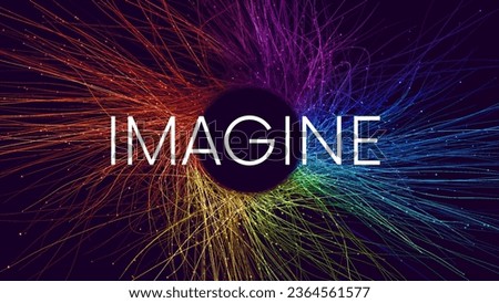 IMAGINE word written on background with colorful rainbow thin streams and glowing sparkling particles. Artificial intelligence or creative imagination concept background. Color explosion circle banner Royalty-Free Stock Photo #2364561577