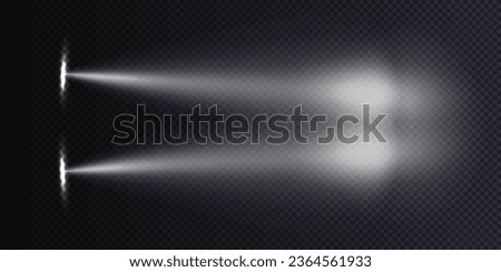 Car headlight top view concept isolated on a dark, transparent background. White flares of car lights have a realistic effect on a nighttime road top view vector illustration. Royalty-Free Stock Photo #2364561933