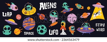Set of 70s groovy element vector. Collection of cartoon character, doodle smile face, UFO, UAP, alien, spaceship, rocket, saturn, cow. Cute retro groovy hippie design for decorative, sticker, kids. Royalty-Free Stock Photo #2364563479