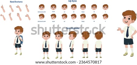 Set of school boy character design. Character Model sheet. Front, side, back view animated character. Student character creation set with various views, poses and gestures. Cartoon style, flat vector  Royalty-Free Stock Photo #2364570817