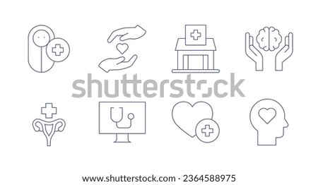 Healthcare icons. Editable stroke. Containing baby, care, cervical cancer, computer, health clinic, heart, mental health, physical wellbeing.