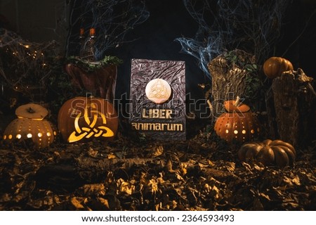 Spooky Halloween banner in a misty forest with an arrangement of glowing pumpkins with carved triquetras, magic book and candles with dried leaves. Translation of the book inscription: Book of Souls Royalty-Free Stock Photo #2364593493