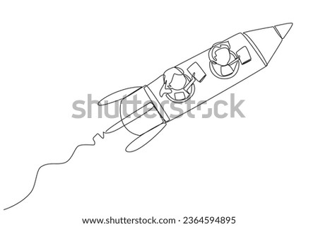 Single continuous line drawing the kids flying on a rocket reading a book. Always reading books anywhere. The book inspires to become a scientist. Book festival. One line design vector illustration Royalty-Free Stock Photo #2364594895