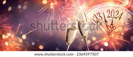 2024 New Year Celebration - Champagne And Clock For Countdown - Toast Cheering With Abstract Defocused Background Royalty-Free Stock Photo #2364597507