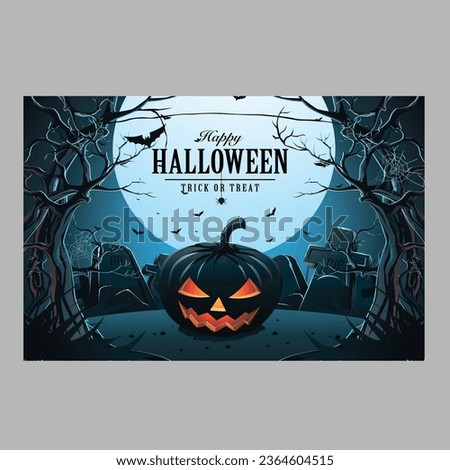 Happy Halloween post card design with scary pumpkin face, ghost, flying fox, full moon, text, Halloween banner design, Ideal for Halloween promotions, invitations EPS 10 Royalty-Free Stock Photo #2364604515