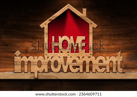 Small wooden model house with text home improvement on a workbench and copy space. 3D illustration.