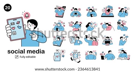 Smartphones and social media. Mega set of people using social networks.outline simple vector illustration.