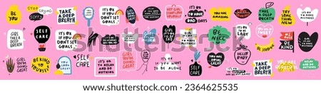 Big collection. Design elements on pink background. Best for stickers, social media. Vector graphic design. Motivational phrases. Self care words. Royalty-Free Stock Photo #2364625535