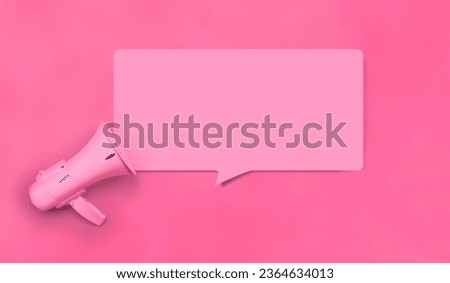 Loudhailer or megaphone with speech bubble and empty copy space template. Announcement, advertising, public hearing concept. Mockup design with loudspeaker, background with blank space Royalty-Free Stock Photo #2364634013